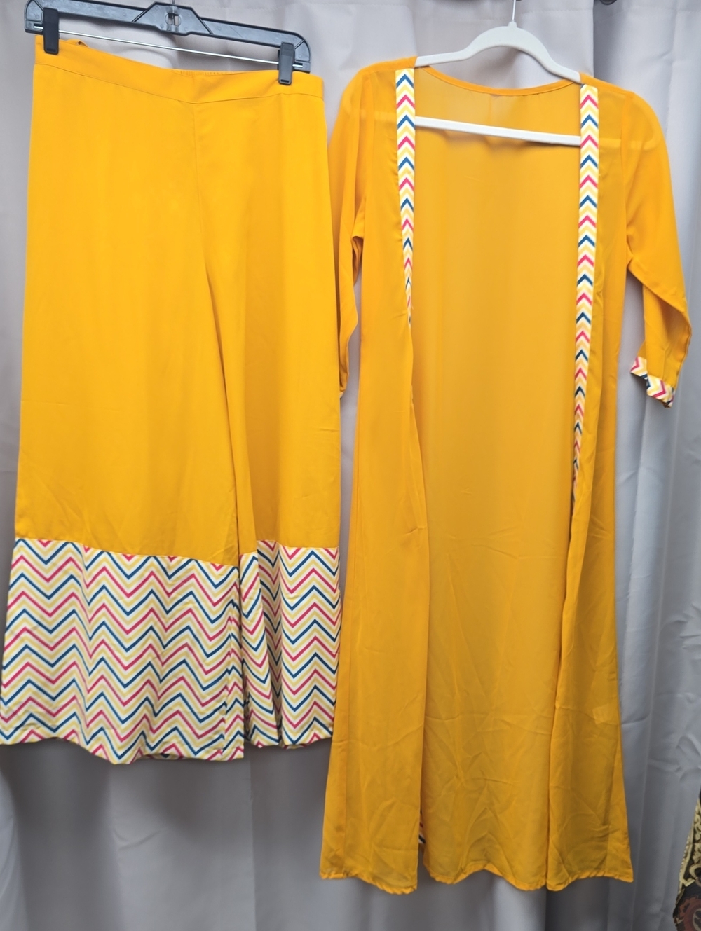 Mustard Yellow Two-Piece Women's Pant Set with Chevron Trim